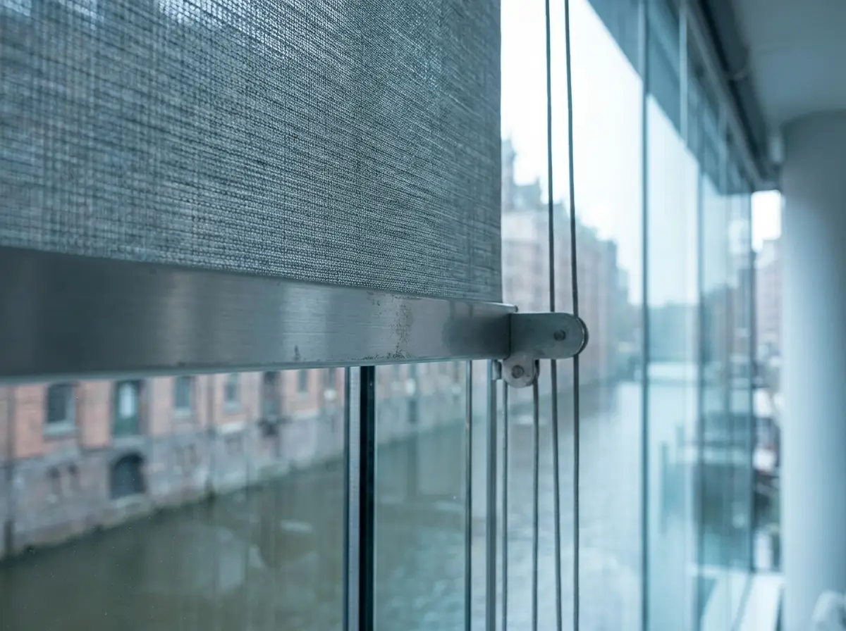 Close-up detail of blind fabric and headrail hardware against a floor-to-ceiling glass window in a Century City apartment