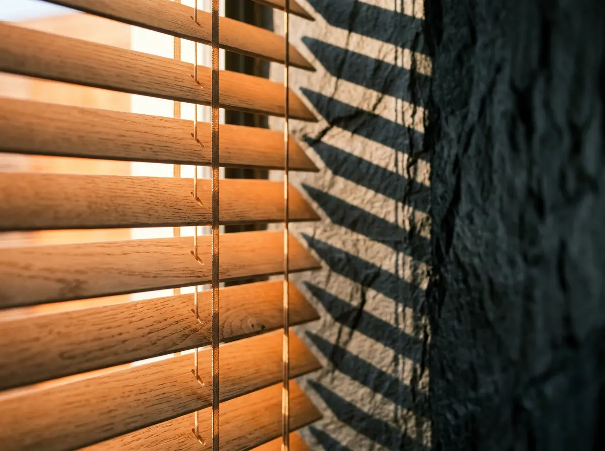 Close-up detail of blind fabric and hardware finished in burnished orange accent tones