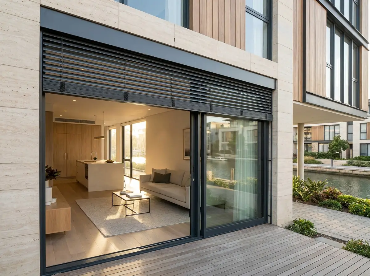 External Venetians fitted on a Century City townhouse-style unit