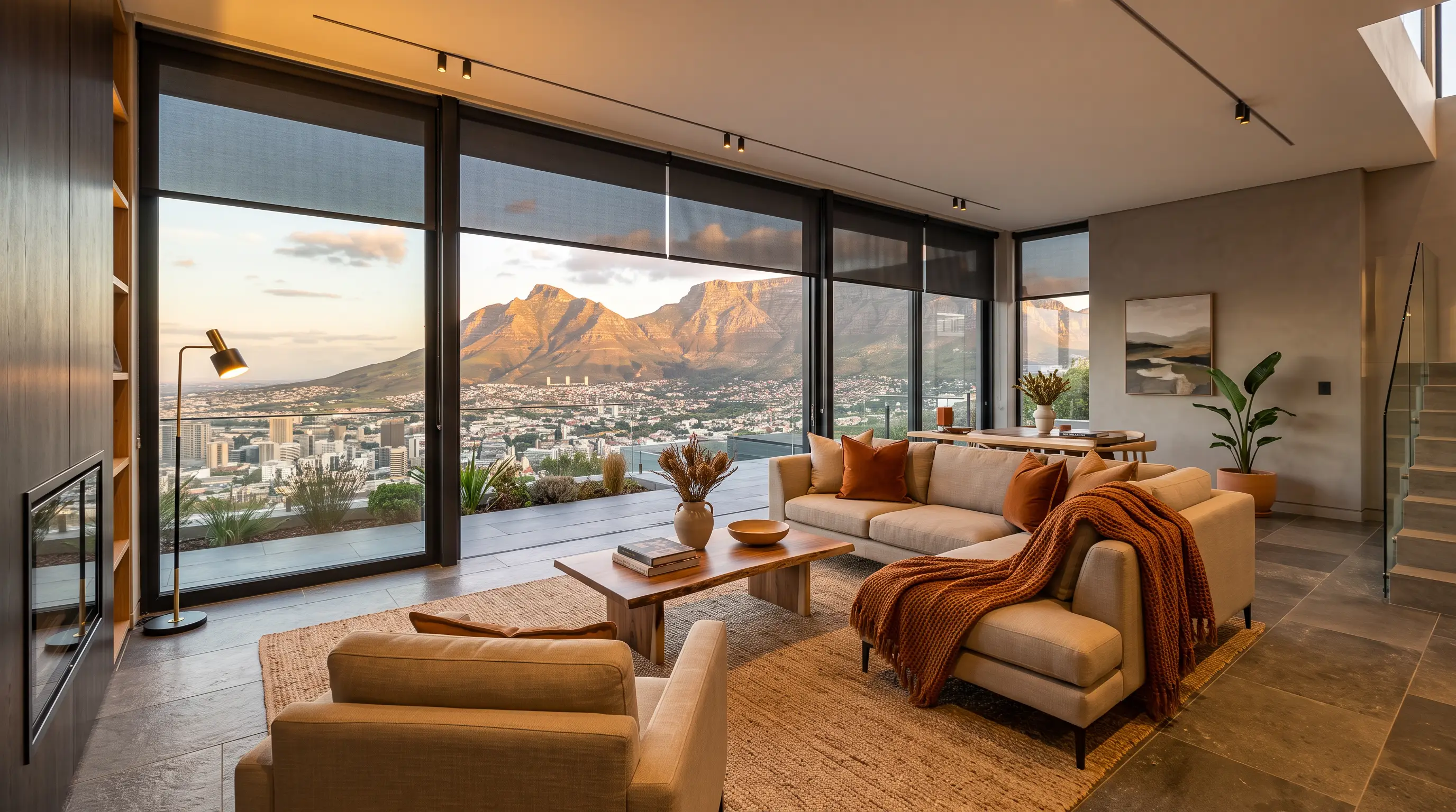 View-manor style home in Plattekloof, Cape Town with elegant motorised blinds framing large windows