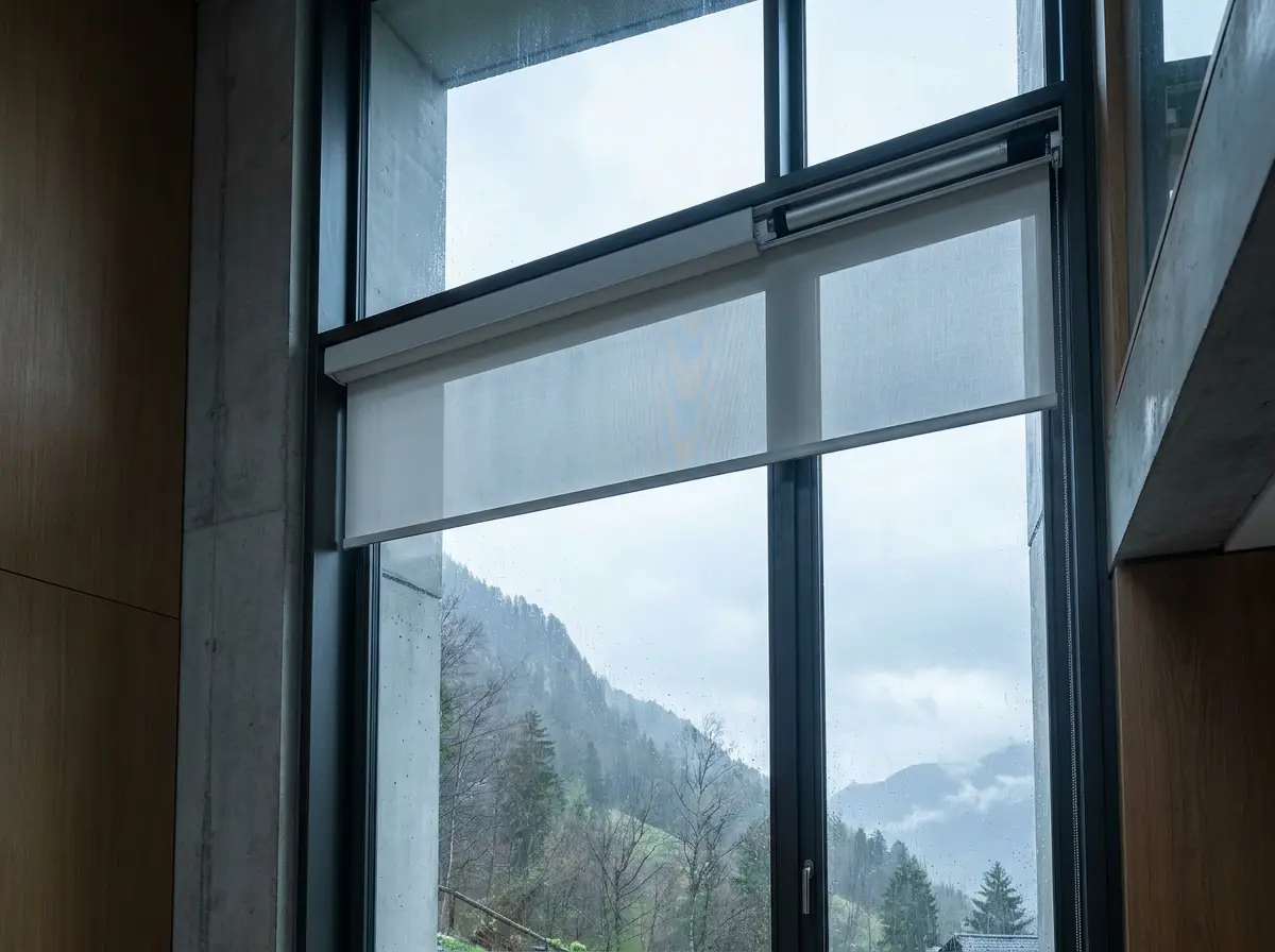 Tall multi-storey window fitted with a motorised roller blind on a sloped Plattekloof site